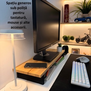 Suport pentru monitor, 60 X 20 X 8 CM, Picioare printate 3D din PLA (Bioplastic), Negru, Panou din lemn natural (Fag) - Img 4