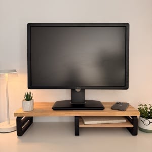 Suport pentru monitor, polita suplimentara, 60 X 20 X 12 CM, Picioare printate 3D din PLA (Bioplastic), Negru, Panou din lemn natural (Fag)
