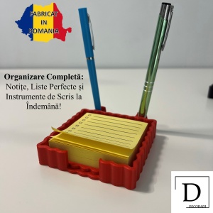 Suport pentru notite de birou cu spatiu dedicat pentru pixuri + sablon pentru liste personalizate, Rosu,9.5 cm, imprimat 3D din PLA (Bioplastic) - Img 2