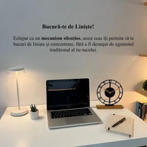 Ceas de birou - Mecanism SILENTIOS – DECORADI®, Eco-friendly, Baza din Lemn Natural, Afisare cu cifre arabe, Design Abstract, Negru 22 cm – Cadou sau Ceas de camera decorativ cu design modern, Printat 3D din PLA ECO(plastic biodegradabil) - Img 4