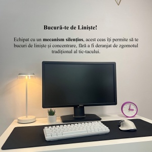Ceas de birou - Mecanism SILENTIOS – DECORADI®, Eco-friendly, Design Modern, Colectie Spectrum, Alb / Mov, Diametru 11cm – Cadou sau Ceas de camera decorativ cu design modern, Printat 3D din PLA ECO(plastic biodegradabil) - Img 4