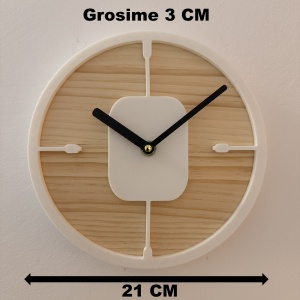 Ceas decorativ de perete, Mecanism SILENTIOS, DECORADI®, Diametru 21 cm, Cadran din LEMN NATURAL, Eco-friendly, Design Modern, Alb, Printat 3D din PLA ECO(plastic biodegradabil) - Img 6