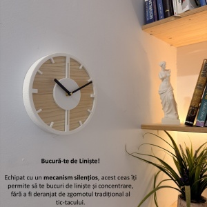 Ceas decorativ de perete, Mecanism SILENTIOS, DECORADI®, Diametru 21 cm ,Cadran din LEMN NATURAL, Eco-friendly, Design Modern, Alb, Printat 3D din PLA ECO(plastic biodegradabil) - Img 6