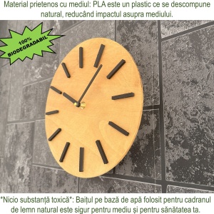 Ceas decorativ de perete, Mecanism SILENTIOS, DECORADI®, Diametru 25 cm, Cadran din LEMN NATURAL, Eco-friendly, Design Modern, Auriu, Printat 3D din PLA ECO(plastic biodegradabil) - Img 4