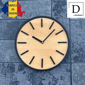 Ceas decorativ de perete, Mecanism SILENTIOS, DECORADI®, Diametru 26 cm, Cadran din LEMN NATURAL, Eco-friendly, Design Modern, Negru, Printat 3D din PLA ECO(plastic biodegradabil) - Img 4