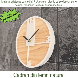 Ceas decorativ de perete, Mecanism SILENTIOS, DECORADI®, Diametru 26 cm, Cadran din LEMN NATURAL, Eco-friendly, Design Modern, Alb, Printat 3D din PLA ECO(plastic biodegradabil) - Img 4