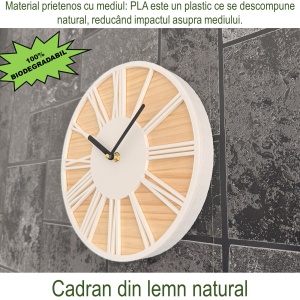 Ceas decorativ de perete, Mecanism SILENTIOS, DECORADI®, Diametru 26 cm, Afisare cu cifre Romane, Cadran din LEMN NATURAL, Eco-friendly, Design Modern, Alb, Printat 3D din PLA ECO(plastic biodegradabil) - Img 4