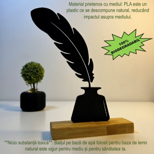 Decoratiune Casa, Calimara cu pana de scris – DECORADI®, Eco-friendly, Baza din Lemn Natural, Design Abstract, Negru 20.5cm – Cadou sau Decoratiune de interior ideala pentru iubitorii scrisului, Printat 3D din PLA (plastic biodegradabil) - Img 3
