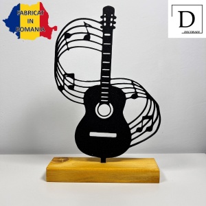 Decoratiune Casa, Chitara & Portativ – DECORADI®, Eco-friendly, Baza din Lemn Natural, Design Modern, Negru 21cm – Cadou sau decoratiune de interior ideala pentru iubitorii de muzica, Printat 3D din PLA Eco (plastic biodegradabil) - Img 2