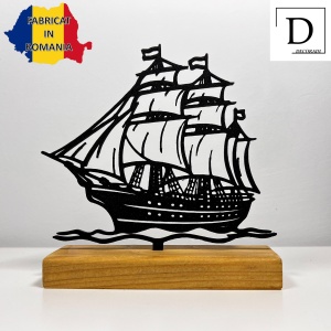 Decoratiune Casa, Corabie – DECORADI®, Eco-friendly, Baza din Lemn Natural, Design Modern, Negru 15cm – Cadou sau Decoratiune de interior ideala pentru iubitorii de calatorii, Printat 3D din PLA Eco(plastic biodegradabil) - Img 2