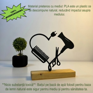 Decoratiune Casa, hair stylist – DECORADI®, Eco-friendly, Baza din Lemn Natural, Design Modern, Negru 14 cm – Cadou sau Decoratiune de interior ideala pentru frizeri, Printat 3D din PLA Eco (plastic biodegradabil) - Img 3