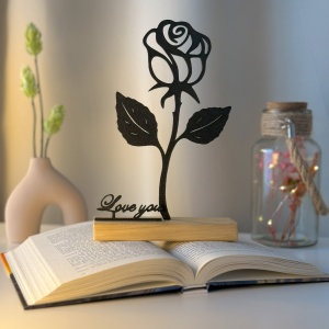 Decoratiune Casa, Trandafir LOVE YOU – DECORADI®, Eco-friendly, Baza din Lemn Natural, Cadoul Perfect pentru persoana IUBITA, Negru 22cm – Decoratiune de interior cu Design Modern, Printat 3D din PLA Eco (plastic biodegradabil)