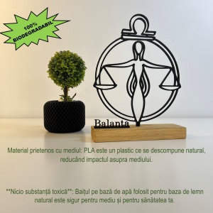 Decoratiune Casa, zodia BALANTA – DECORADI®, Eco-friendly, Baza din Lemn Natural, Design Abstract, Negru 18 cm – Cadou sau Decoratiune de interior cu design modern, Printat 3D din PLA Eco (plastic biodegradabil) - Img 2