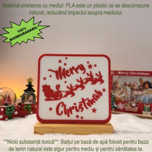 Decorațiune Crăciun, „Merry Christmas”– Eco-friendly, Baza din Lemn Natural, Alb/Rosu, 17cm, Handmade, Decor Interior Birou, Sufragerie, Cadou Crăciun, Printat 3D din PLA Eco (plastic biodegradabil), DECORADI® - Img 4