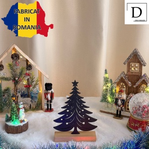 Decorațiune Crăciun, Brad– Eco-friendly, Baza din Lemn Natural, Negru 20.5cm, Handmade, Decor Interior Birou, Sufragerie, Cadou Crăciun, Printat 3D din PLA Eco (plastic biodegradabil), DECORADI® - Img 3