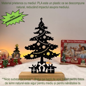 Decorațiune Crăciun, Brad – Eco-friendly, Baza din Lemn Natural, Negru 19cm, Handmade, Decor Interior Birou, Sufragerie, Cadou Crăciun, Printat 3D din PLA Eco (plastic biodegradabil), DECORADI® - Img 4