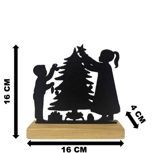 Decorațiune Crăciun, Copii Împodobind Bradul– Eco-friendly, Baza din Lemn Natural, Negru, 16cm, Handmade, Decor Interior Birou, Sufragerie, Cadou Crăciun, Printat 3D din PLA Eco (plastic biodegradabil), DECORADI® - Img 6