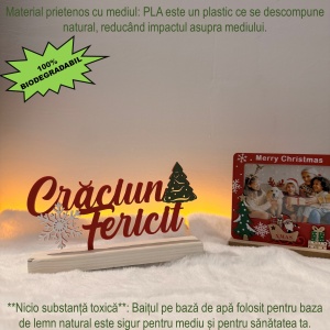 Decorațiune Crăciun Fericit – Eco-friendly, Baza din Lemn Natural, Multicolor 11.5cm, Handmade, Decor Interior Birou, Sufragerie, Cadou Crăciun, Printat 3D din PLA Eco (plastic biodegradabil), DECORADI® - Img 4