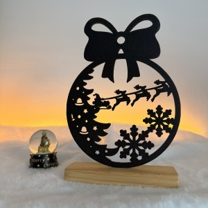Decorațiune Crăciun, Glob cu Fundiță, Moș Crăciun și Fulgi de Zăpadă – Eco-friendly, Baza din Lemn Natural, Negru 22cm, Handmade, Decor Interior Birou, Sufragerie, Cadou Crăciun, Printat 3D din PLA Eco (plastic biodegradabil), DECORADI® - Img 2