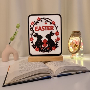 Decoratiune Easter, Eco-friendly, Baza din Lemn Natural, Multicolor, 19.5 cm, Handmade, Decor Interior Birou, Sufragerie, Cadou Paste, Printat 3D din PLA Eco (plastic biodegradabil), DECORADI®