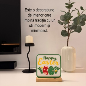 Decoratiune Happy Easter, Eco-friendly, Baza din Lemn Natural, Multicolor, 17 cm, Handmade, Decor Interior Birou, Sufragerie, Cadou Paste, Printat 3D din PLA Eco (plastic biodegradabil), DECORADI® - Img 4