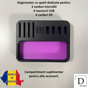 Organizator 4 Memorii USB, 4 Carduri SD, 3 Carduri MicroSD + Minitavita, Multifunctional, Mov/Negru, 9 X 7 cm, imprimat 3D din PLA (Bioplastic) - Img 2