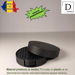 Set 4 suporturi / coastere pahare, rotund, diametru 9 cm, negru, cutie inclusa, imprimate 3D - Img 2