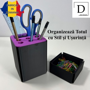 Set organizator de birou multifunctional, Suport 6 instrumente de scris si accesorii (12 X 9 X 9 CM) + Cutiuta suplimentara cu capac (4 X 9 X 9 CM), Mov/Negru, imprimat 3D din PLA (Bioplastic) - Img 2