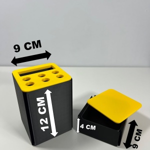 Set organizator de birou multifunctional, Suport 6 instrumente de scris si accesorii (12 X 9 X 9 CM) + Cutiuta suplimentara cu capac (4 X 9 X 9 CM), Galben/Negru, imprimat 3D din PLA (Bioplastic) - Img 5