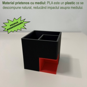 Suport articole birou 2 in 1, Multifunctional, Suport instrumente de scris si accesorii + compartiment inferior fix, Rosu/Negru, 8 CM, imprimat 3D din PLA (Bioplastic) - Img 3