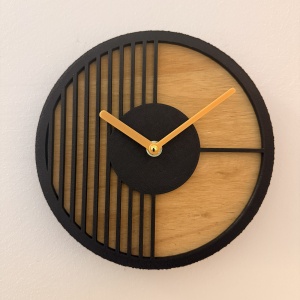 Ceas decorativ de perete, Mecanism SILENTIOS, DECORADI®, Diametru 21 cm, Cadran din LEMN NATURAL, Eco-friendly, Design Modern, Negru, Printat 3D din PLA ECO(plastic biodegradabil)