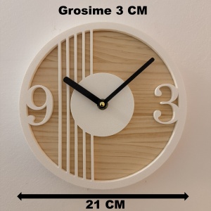 Ceas decorativ de perete, Mecanism SILENTIOS, DECORADI®, Diametru 21 cm, Cadran din LEMN NATURAL, Eco-friendly, Design Modern, Alb, Printat 3D din PLA ECO(plastic biodegradabil) - Img 6