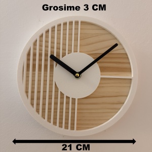 Ceas decorativ de perete, Mecanism SILENTIOS, DECORADI®, Diametru 21 cm, Cadran din LEMN NATURAL, Eco-friendly, Design Modern, Alb, Printat 3D din PLA ECO(plastic biodegradabil) - Img 6