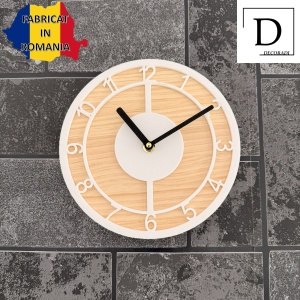Ceas decorativ de perete, Mecanism SILENTIOS, DECORADI®, Diametru 21 cm, Afisare cu cifre arabe, Cadran din LEMN NATURAL, Eco-friendly, Alb, Design Modern, Negru, Printat 3D din PLA ECO(plastic biodegradabil) - Img 3