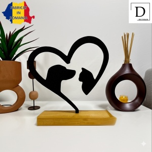 Decoratiune Casa, Caine si pisica in inimioara – DECORADI®, Eco-friendly, Baza din Lemn Natural, Design Modern, Negru 20cm – Cadou sau Decoratiune de interior ideala pentru iubitorii de animale, Printat 3D din PLA Eco (plastic biodegradabil) - Img 2
