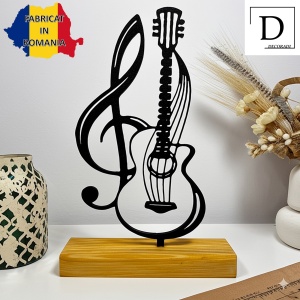 Decoratiune Casa, Chitara & Cheia Sol – DECORADI®, Eco-friendly, Baza din Lemn Natural, Design Modern, Negru 20.5cm – Cadou sau decoratiune de interior ideala pentru iubitorii de muzica, Printat 3D din PLA Eco (plastic biodegradabil) - Img 2