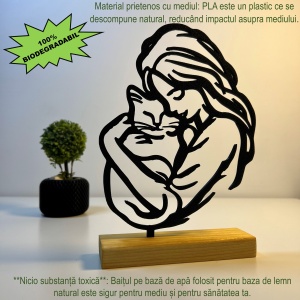 Decoratiune Casa, Fata cu pisica in brate – DECORADI®, Eco-friendly, Baza din Lemn Natural, Design Modern, Negru 21cm – Cadou sau Decoratiune de interior ideala pentru iubitorii de animale, Printat 3D din PLA(plastic biodegradabil) - Img 3
