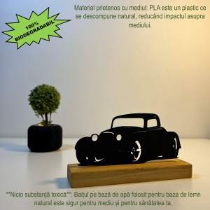 Decoratiune Casa, Hot Rod – DECORADI®, Eco-friendly, Baza din Lemn Natural, Cadou sau Decoratiune de interior pentru ideala iubitorii de masini, Design Modern, Negru 9 cm, Printat 3D din PLA Eco (plastic biodegradabil) - Img 3
