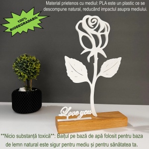 Decoratiune Casa, Trandafir LOVE YOU – DECORADI®, Eco-friendly, Baza din Lemn Natural, Cadoul Perfect pentru persoana IUBITA, Alb 22cm –Decoratiune de interior cu Design Modern, Printat 3D din PLA Eco (plastic biodegradabil) - Img 3