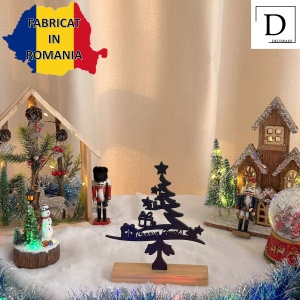 Decorațiune Crăciun, Brad "Crăciun Fericit" – Eco-friendly, Baza din Lemn Natural, Negru, 20.5cm, Handmade, Decor Interior Birou, Sufragerie, Cadou Crăciun, Printat 3D din PLA Eco (plastic biodegradabil), DECORADI® - Img 3