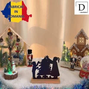 Decorațiune Crăciun, Copii Împodobind Bradul– Eco-friendly, Baza din Lemn Natural, Negru, 16cm, Handmade, Decor Interior Birou, Sufragerie, Cadou Crăciun, Printat 3D din PLA Eco (plastic biodegradabil), DECORADI® - Img 3