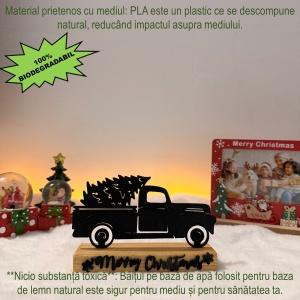 Decorațiune Crăciun, Mașinuță cu Brad și Text „Merry Christmas”– Eco-friendly, Baza din Lemn Natural, Negru 9.5cm, Handmade, Decor Interior Birou, Sufragerie, Cadou Crăciun, Printat 3D din PLA Eco (plastic biodegradabil), DECORADI® - Img 4