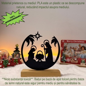 Decorațiune Crăciun, Scenă Nașterea Domnului – Eco-friendly, Baza din Lemn Natural, Negru 17cm, Handmade, Decor Interior Birou, Sufragerie, Cadou Crăciun, Printat 3D din PLA Eco (plastic biodegradabil), DECORADI® - Img 4