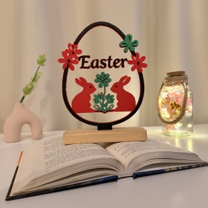 Decoratiune de Paste, Easter Egg, Eco-friendly, Baza din Lemn Natural, Multicolor, 20.5 cm, Handmade, Decor Interior Birou, Sufragerie, Cadou Paste, Printat 3D din PLA Eco (plastic biodegradabil), DECORADI®