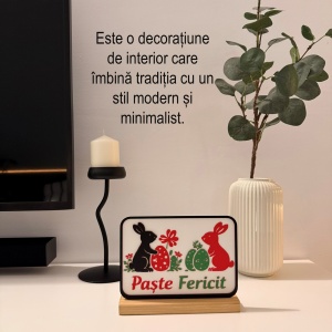 Decoratiune de Paste Fericit, Iepurasi si Oua colorate, Eco-friendly, Baza din Lemn Natural, Multicolor, 16 cm, Handmade, Decor Interior Birou, Sufragerie, Cadou Paste, Printat 3D din PLA Eco (plastic biodegradabil), DECORADI® - Img 4