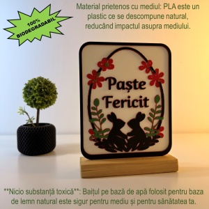 Decoratiune Paste Fericit, Eco-friendly, Baza din Lemn Natural, Multicolor, 19 cm, Handmade, Decor Interior Birou, Sufragerie, Cadou Paste, Printat 3D din PLA Eco (plastic biodegradabil), DECORADI® - Img 3