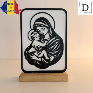 Decoratiune religioasa Fecioara Maria cu Pruncul – DECORADI®, Eco-friendly, Baza din Lemn Natural, Design Modern, Alb / Negru 21 cm – Cadou sau Decoratiune de interior spirituala si minimalista, Printat 3D din PLA Eco (plastic biodegradabil) - Img 2