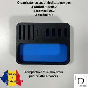 Organizator 4 Memorii USB, 4 Carduri SD, 3 Carduri MicroSD + Minitavita, Multifunctional, Albastru/Negru, 9 X 7 cm, imprimat 3D din PLA (Bioplastic) - Img 2