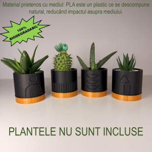 Set 4 Ghivece pentru plante mici (plantele nu sunt incluse), Diametru intern 6 cm, Auriu / Negru, Printat 3D din PLA ECO(plastic biodegradabil) - Img 2
