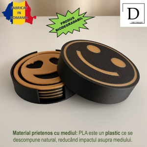 Set 4 suporturi / coastere pahare, Emoji, rotund, diametru 9 cm, Negru / Auriu, cutie inclusa, imprimate 3D - Img 3